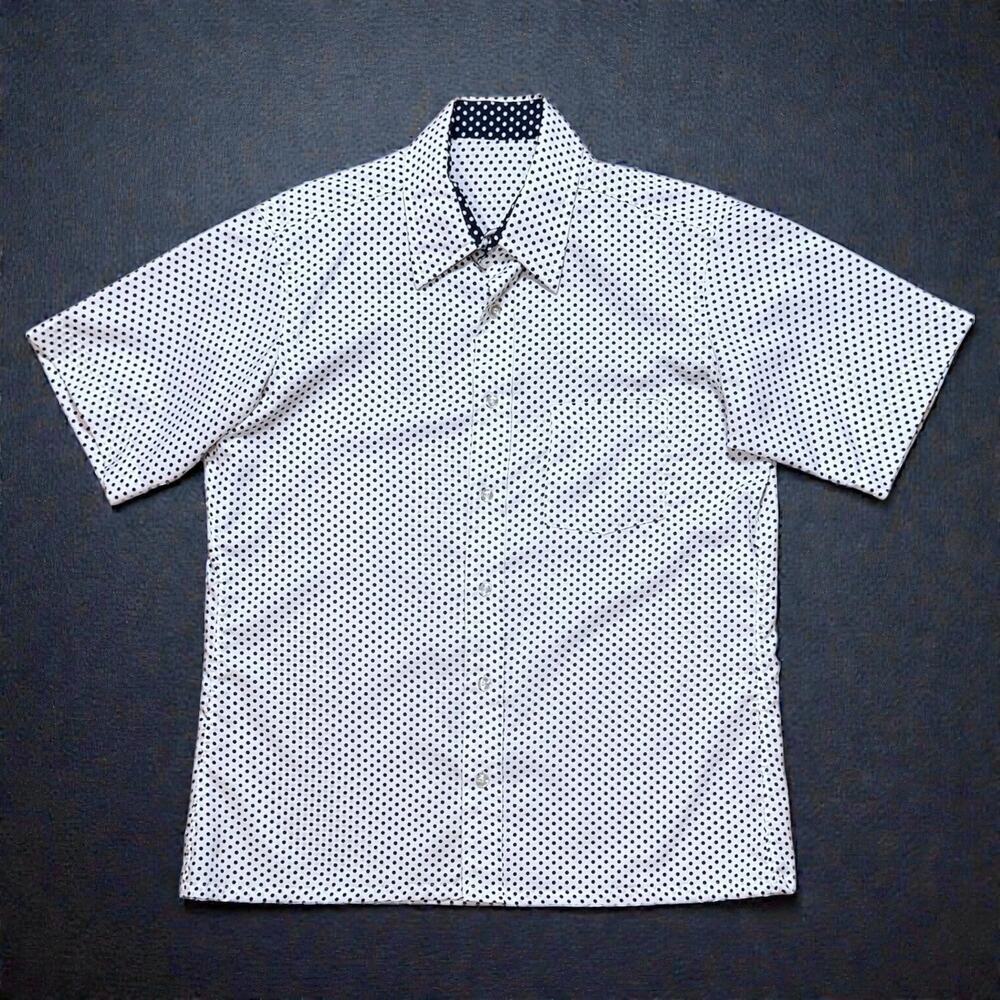 Custom Handmade Camp Shirt Mens White Blue Polka Dot Pattern Short Sleeve ~Sz L